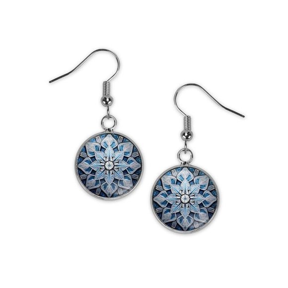 Icy Blue Snowflake Stained Glass Art Christmas Silver Dangle Earrings Gift Idea - Picture 1 of 3